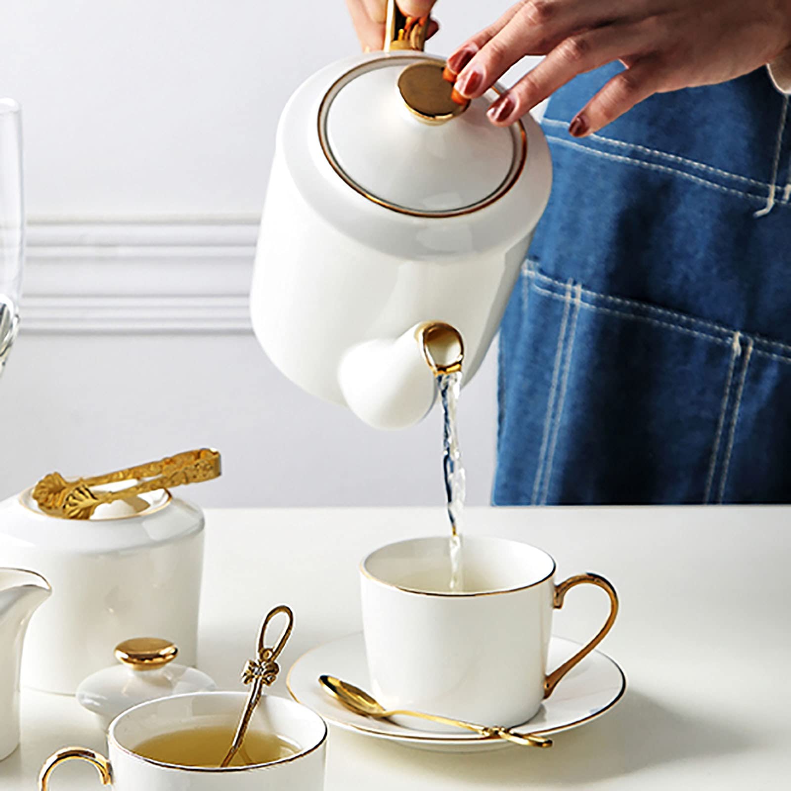 Zestaw Do Parzenia Kawy I Herbaty Z Białej Porcelany, Zestaw Prezentowy Z Tacą, Łyżeczką Do Herbaty, Czajniczkiem Do Herbaty 1200 Ml, 6 Filiżanek, 240 Ml, Zestaw Do Herbaty, Herbata/Kawa/Woda