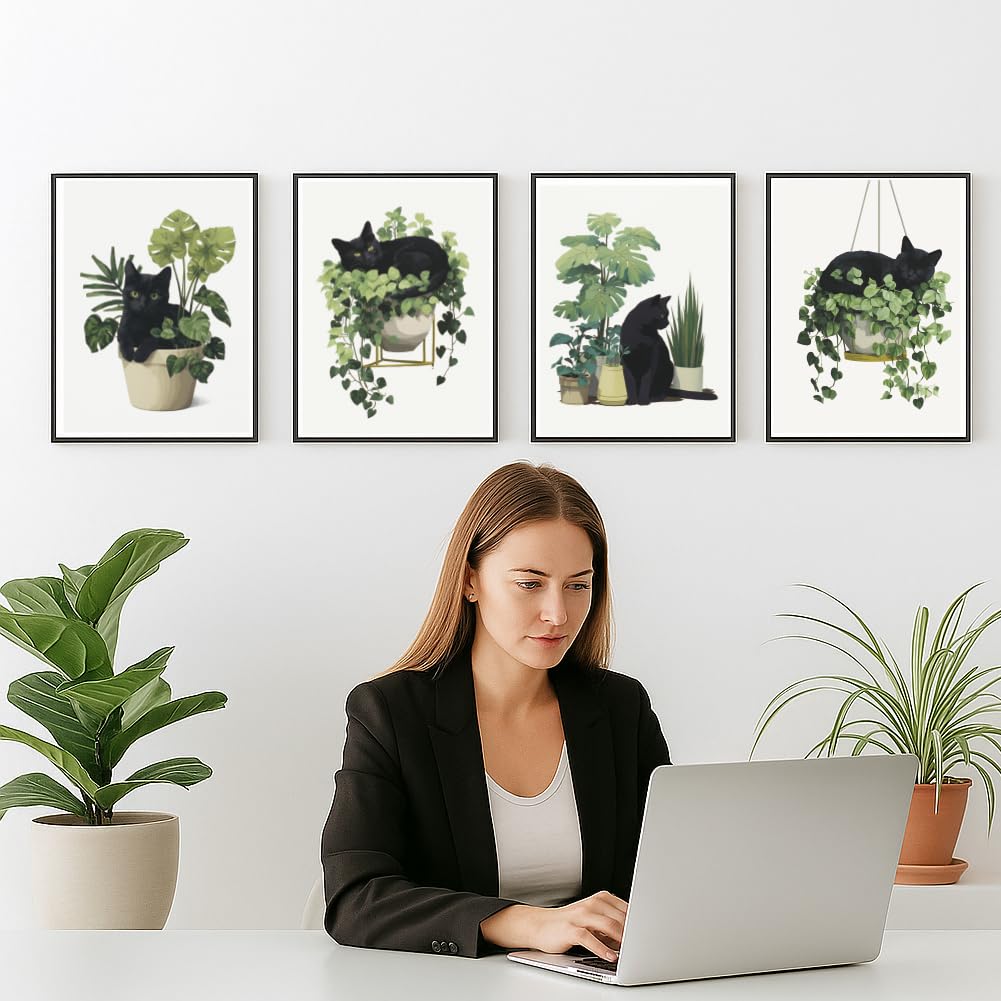 GOMAKERER 6 Pcs Cute Black Cat Botanical Wall Art Prints - Image 4