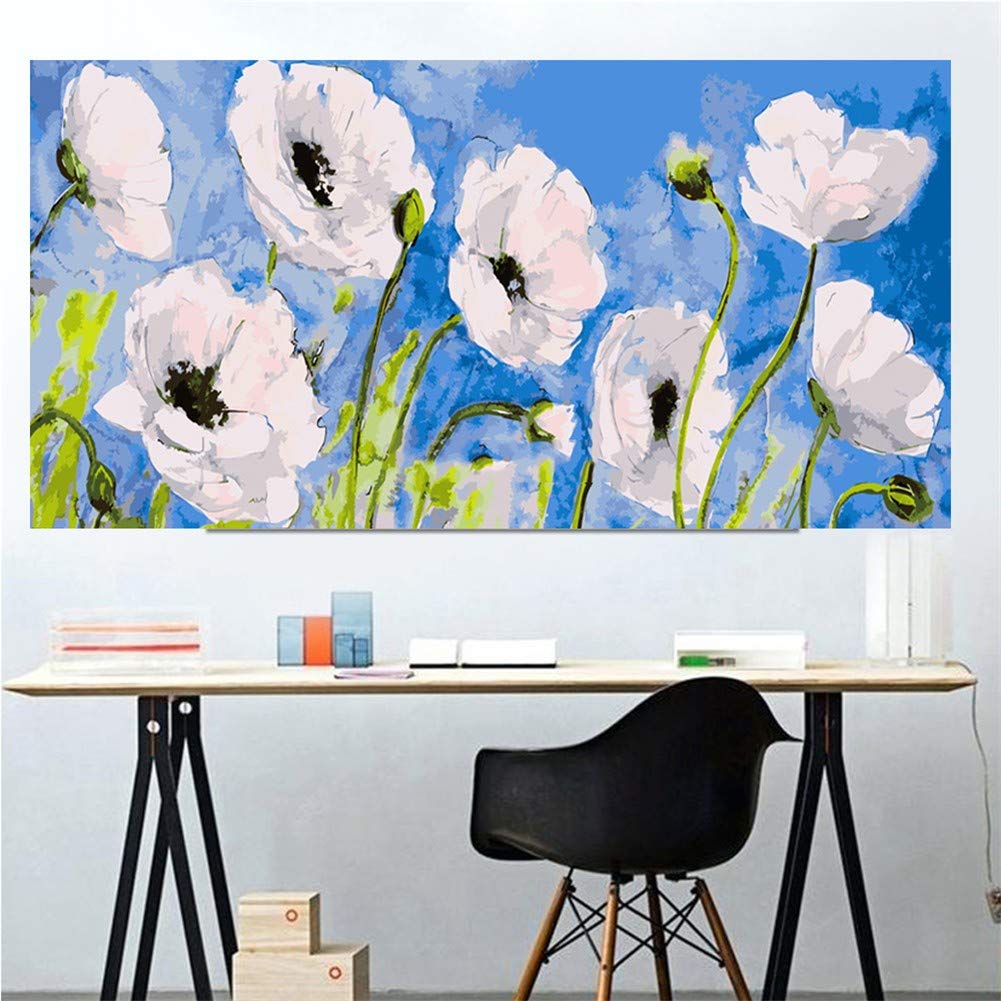 Broderie diamant grand format 80x160 cm avec kit complet de peinture strass 5D fleurs blanches