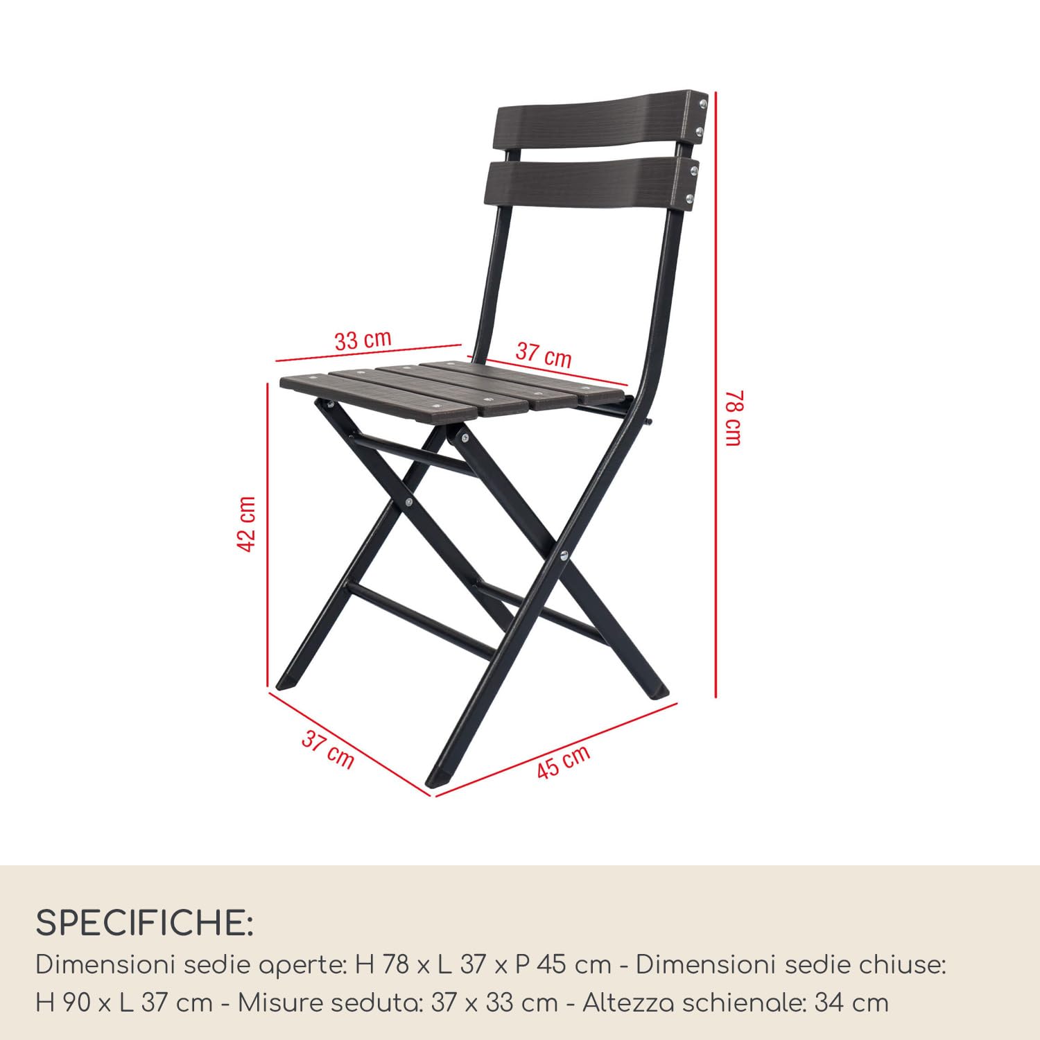 Rebecca Mobili Set 2 Sedie Pieghevoli, Sedie Da Esterno Richiudibili, Plastica Acciaio, Grigio Nero, Giardino Balcone Bar - Misure HxLxP: 78 x 37 x 45 cm - Art. RE6705
