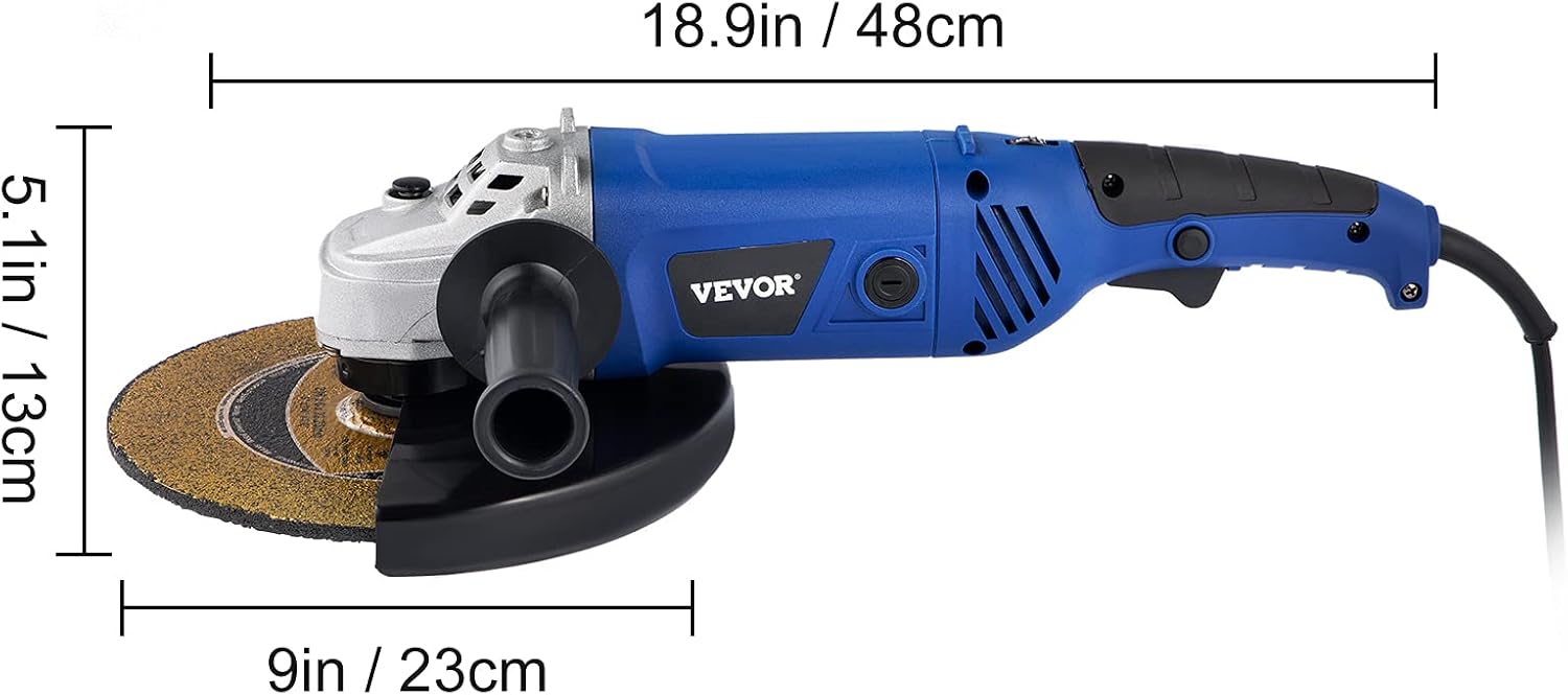 VEVOR Angle Grinder, 9 Inch Powerful Grinder Tool 15 Amp Power Grinder with Variable Speed and 360° Rotational Guard, 8000rpm Power Angle Grinders for Cutting and Grinding Metal, Stone, Wood, etc - - 