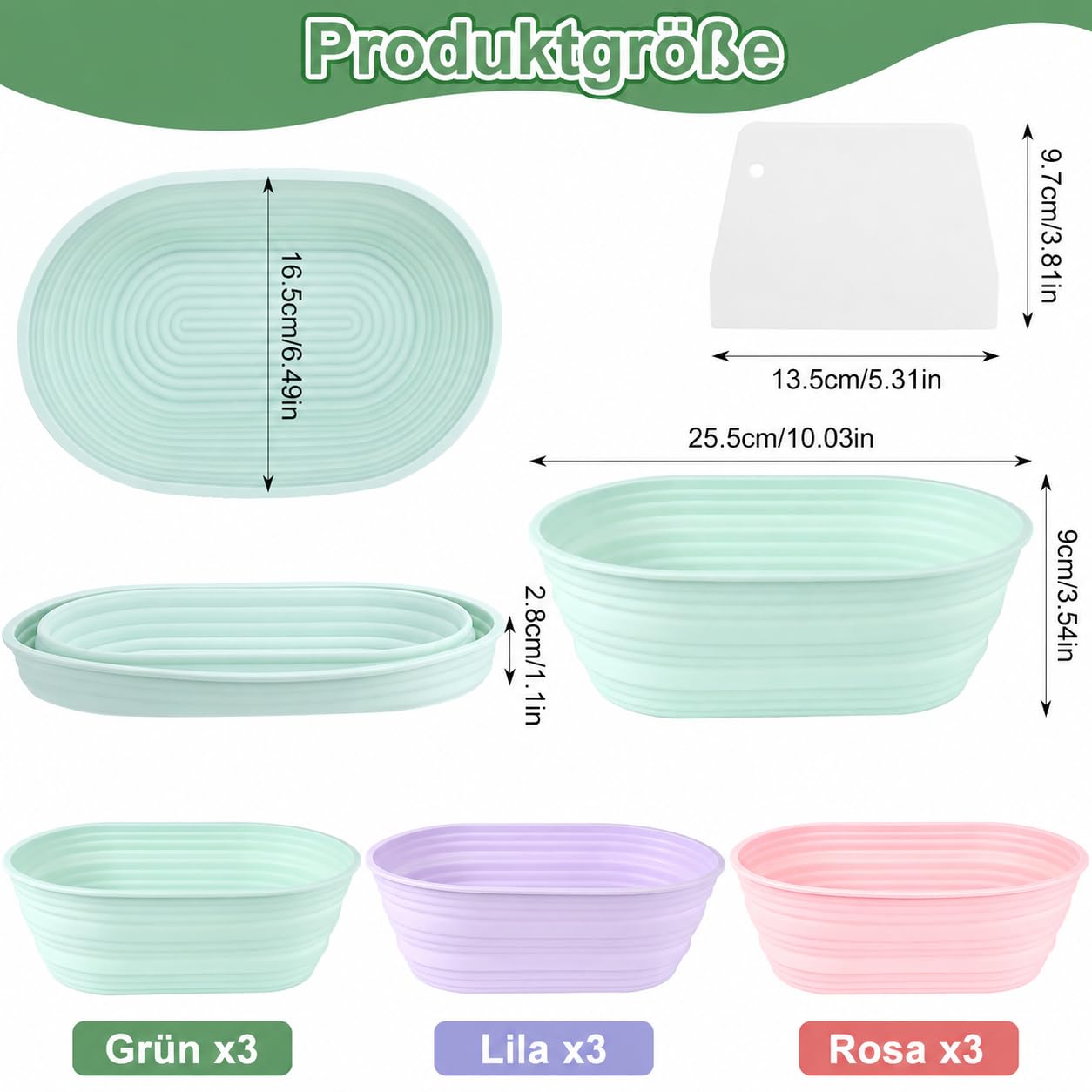 9 cestas de fermentación de silicona ovaladas, 25,4 × 9,5 × 3,3 cm, cesta de fermentación plegable para hornear pan, cestas de fermentación plegables con raspador y lino para panaderos aficionados