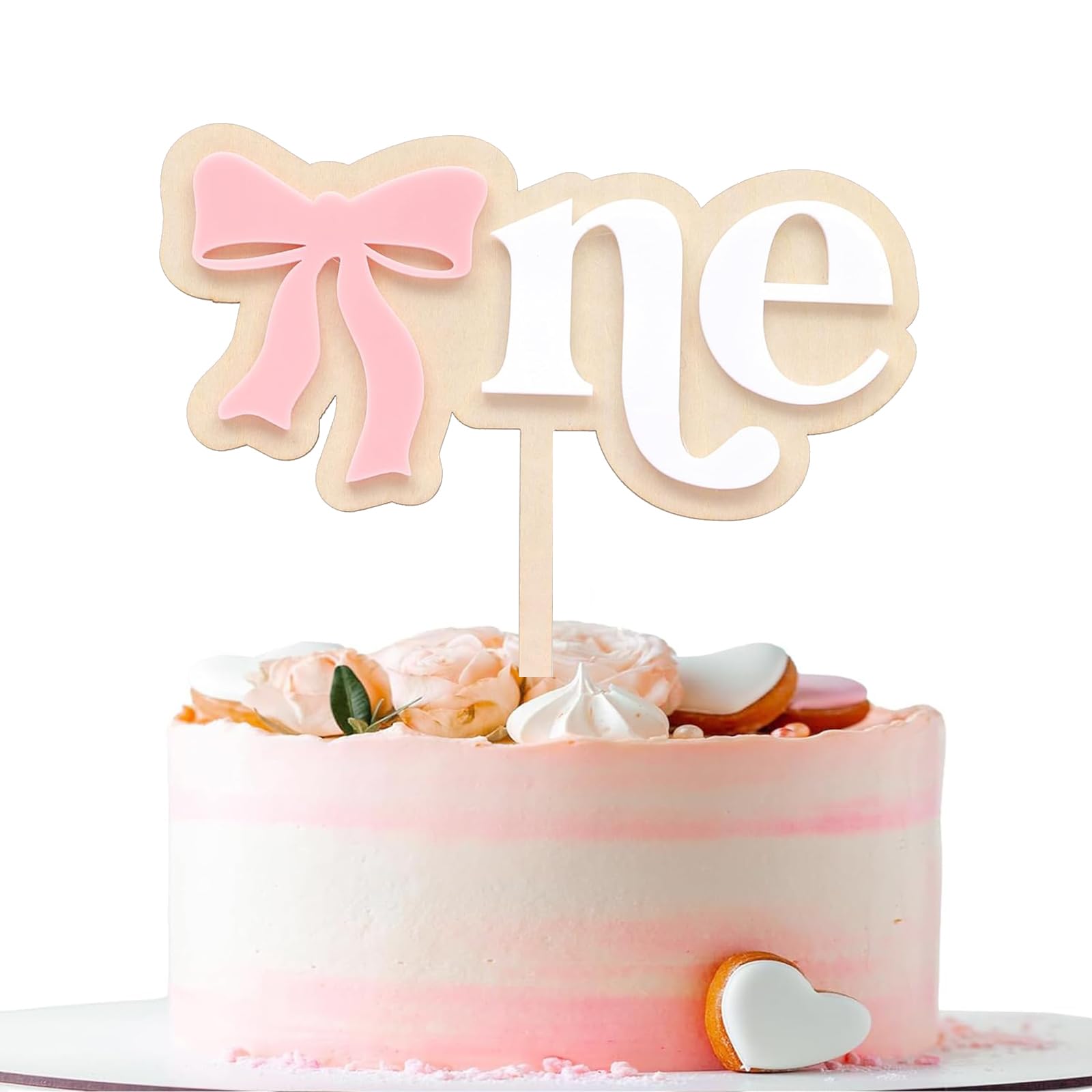 Baby First Birthday Cake Topper, Wooden Pink Bow One Cake Topper for Baby Shower, One Sign 1st Girl Birthday Party Cake Decorations Favors Supplies Decor