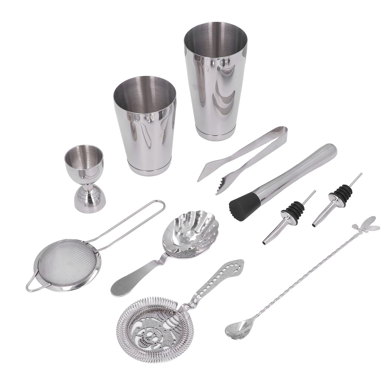 Cocoarm Juego de Coctelera de Acero Inoxidable, 11 Piezas, Herramientas de Barra 304 con Taza Medidora, Colador, Cuchara y Pinzas para Uso en el Hogar, Bar, Fiesta, Hotel (SILVER)
