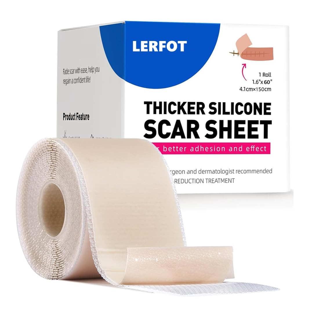 LerFot Thicker Silicone Scar Sheets (1.6" x 60"Roll), Soft Silicone Scar Tape for Scars Removal, Reusable Easy-Tear Silicone Tape Painless Scar Removal for Surgery, C-section, Burn, Acne, Keloid, Thyroid (Thicker Silicone Scar Sheets)