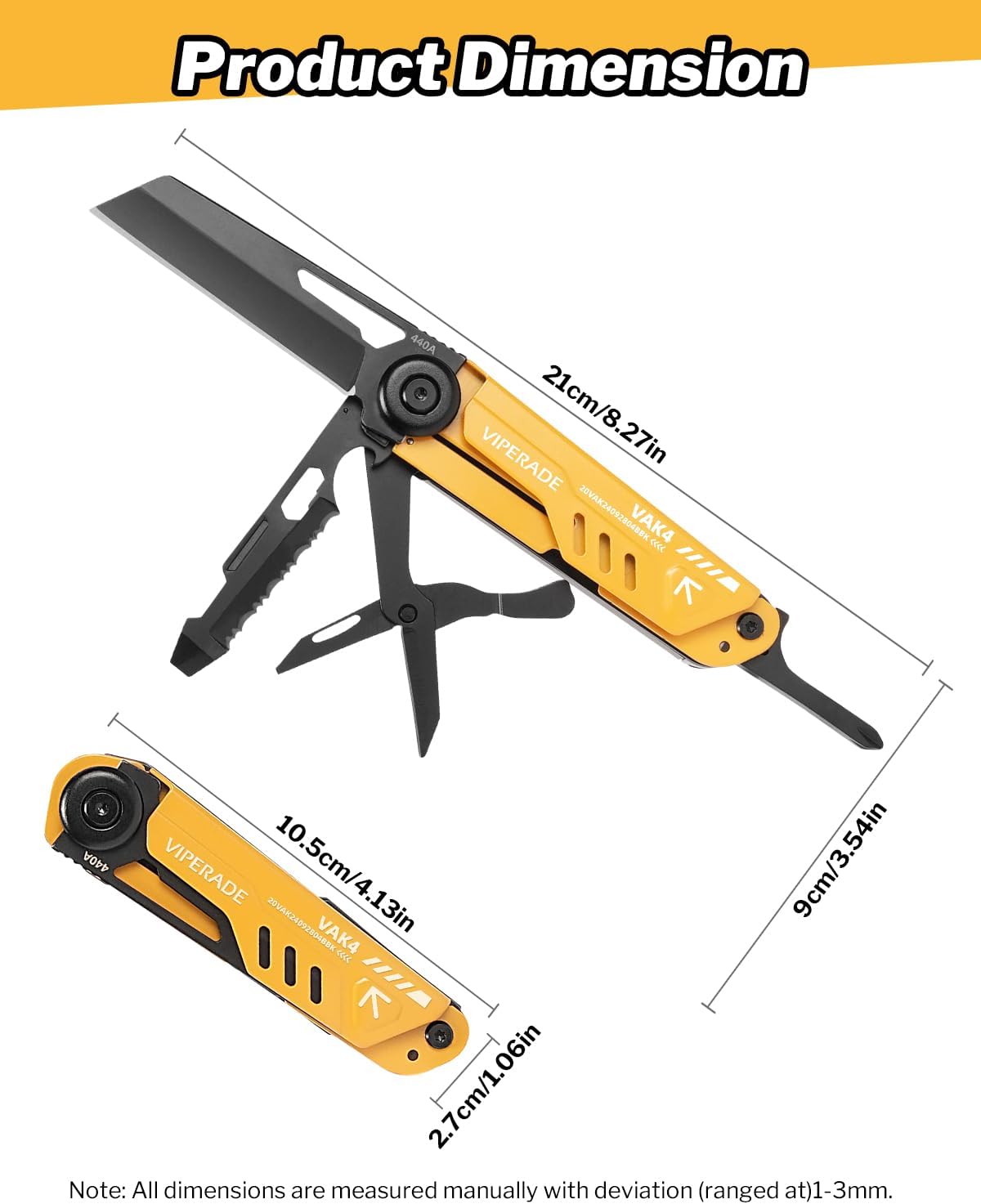 VIPERADE VAK4 Multitool Pocket Knife for Men, Multifunctional 21-in-1 Multitool Pocket Knife with Pouch, Outdoor Camping Survival and Everyday Use (K4-Yellow)