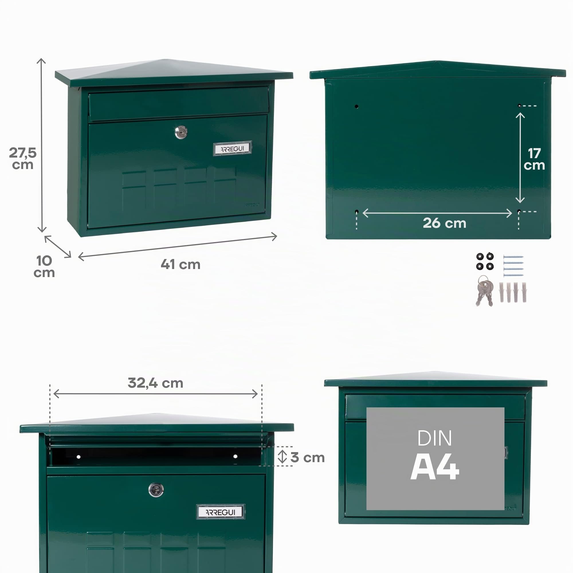ARREGUI Deco E5703 Briefkasten aus Verzinktem Stahl, Größe M (DIN A4 Post), waagrechter Wandbriefkasten für den Außenbereich, Postkasten für Draußen mit Namensschild und Einwurfklappe, Grün