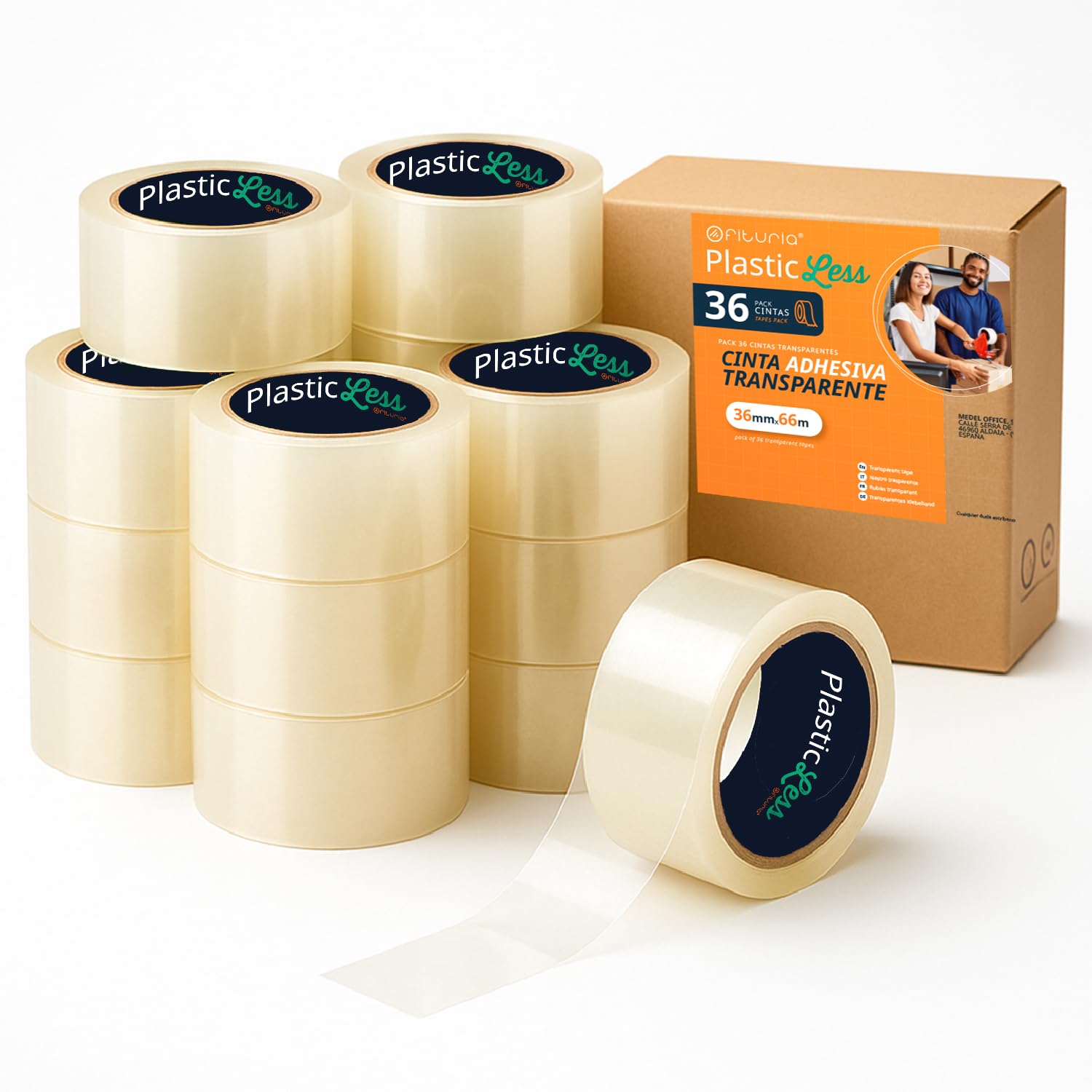 OFITURIA PlasticLess Precinto Transparente 36mm x 66m, Cinta de Embalar para Cajas, Envíos o Mudanzas, Alto Agarre, Cinta 36mm Utiliza un 25% Menos de Plástico vs 48mm (36 cintas)