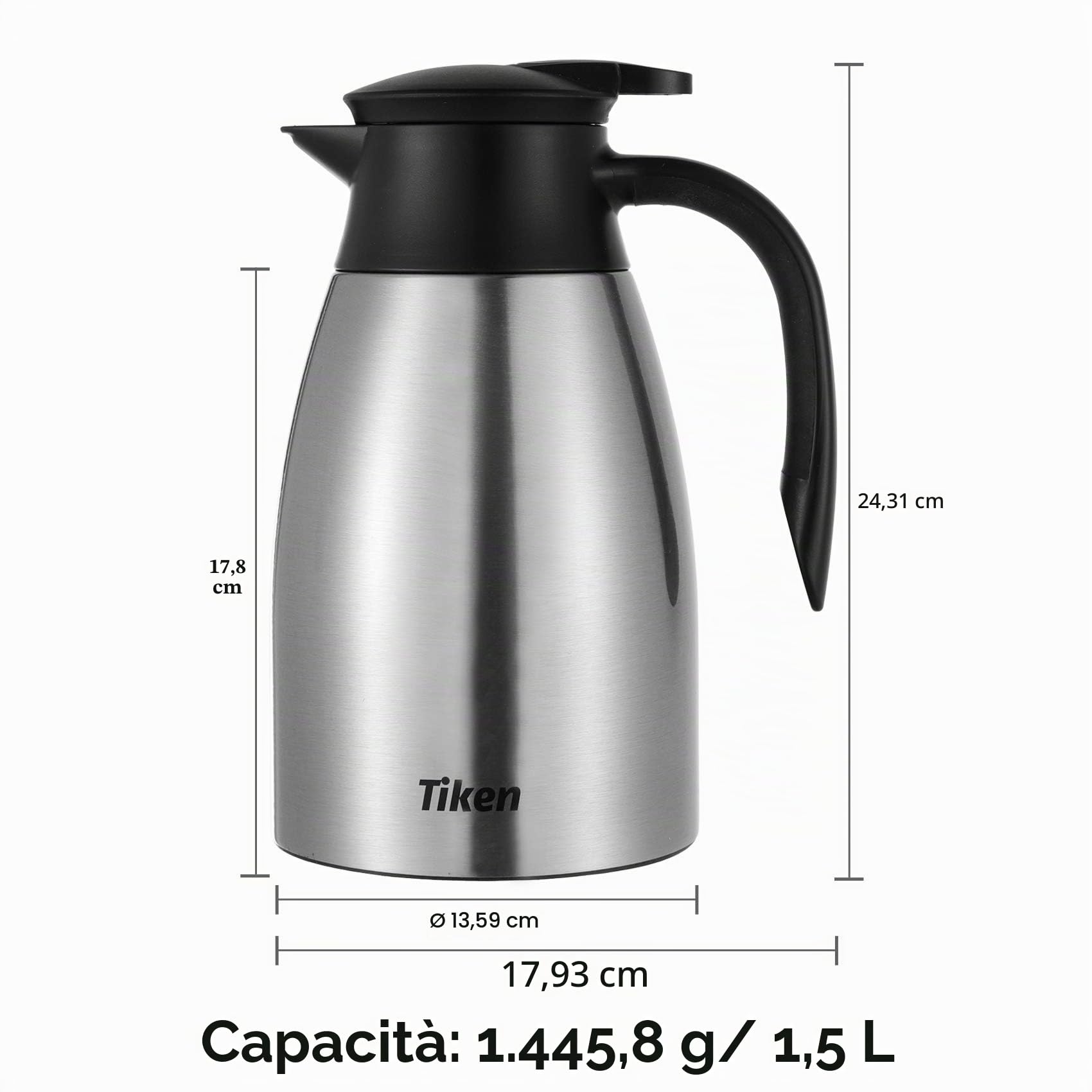 Tiken 1.5L Caraffa Termica per il Caffè da, Brocca Isolante in Acciaio Inossidabile per il Caffè, Tè e altre Bevande Calde e Fredde