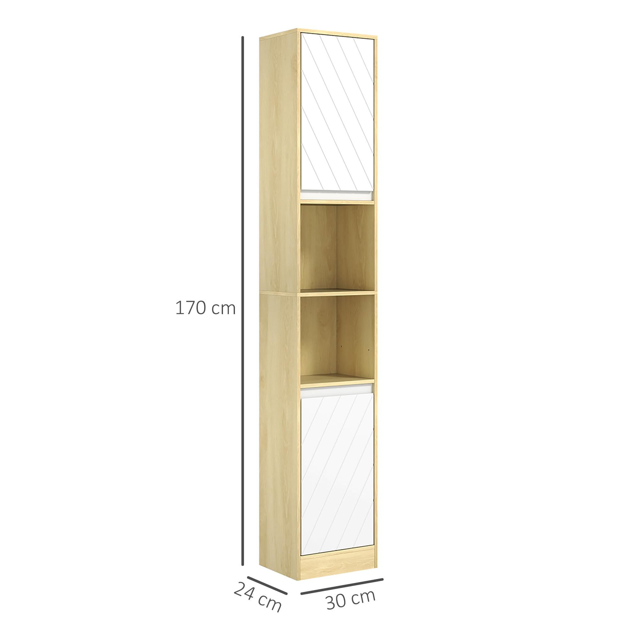 HOMCOM Mobiletto Salvaspazio per Bagno in Legno, Mobile da Bagno con 2 Armadietti e Ripiani Regolabili, Design a Colonna, 30x24x170 cm, Rovere e Bianco