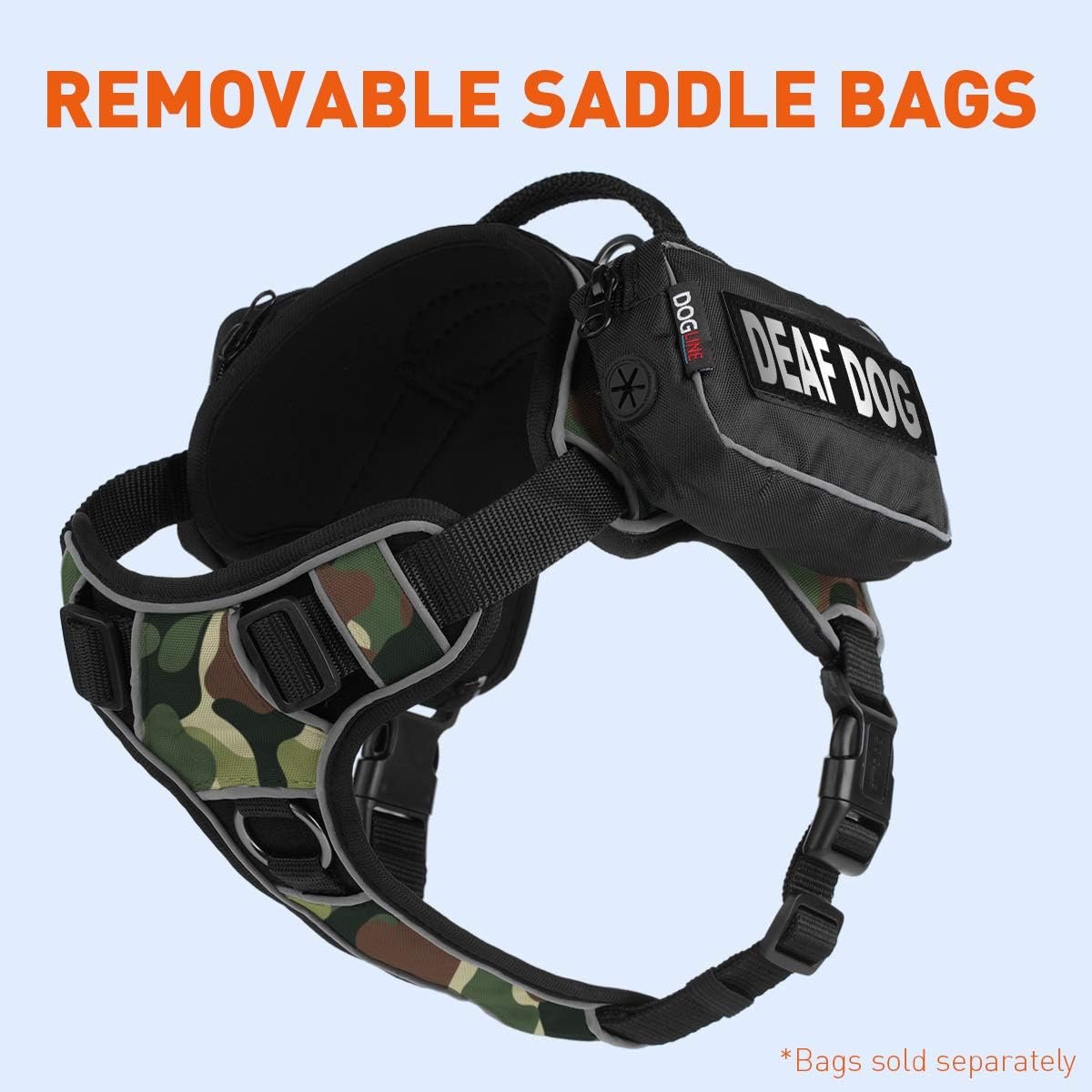 Dogline Quest No-Pull Dog Harness with Deaf Dog Reflective Removable Patches Reflective Soft Comfortable Dog Vest with Quick Release Dual Buckles Black Hardware and Handle 21 to 25 inches GreenCamo