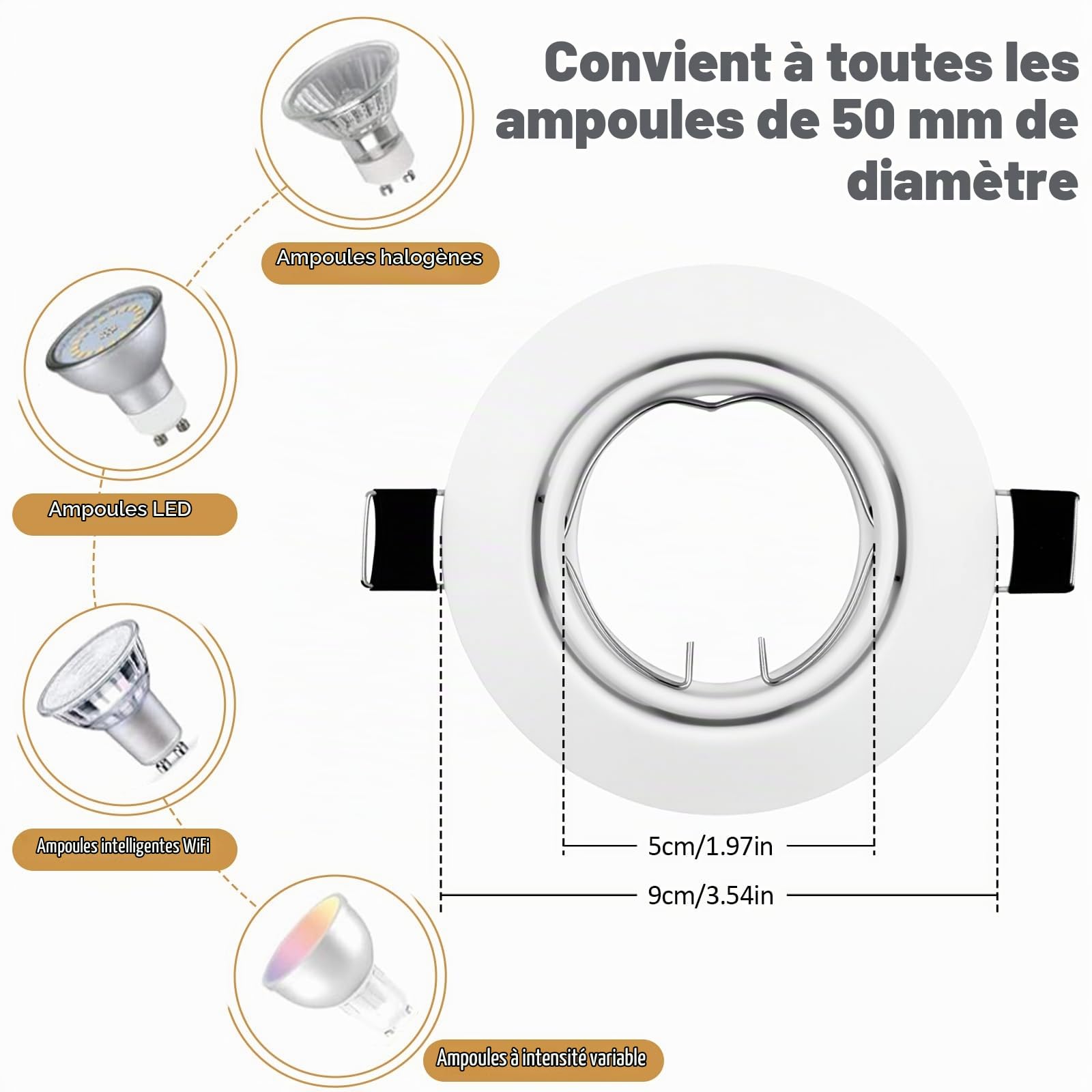 Projecteur Spot Encastrable GU10 Rond Blanc Métal, Cadre avec Douille Céramique, Orientation Ajustable 30°, Compatible Plafond Ø 68-80mm, Lot de 20