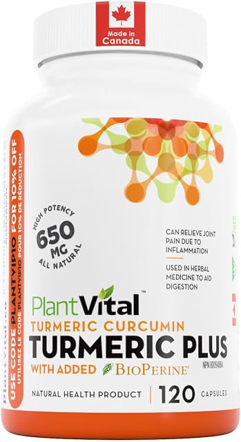 PlantVital Turmeric Curcumin - Fabriqué au Canada - avec poivre noir 1300mg (Taux d'extraits de 4:1 par dose - Anti-inflammatoire & Suppléments Turmériques conjoints de soutien sanitaire - Végétaux & Non-OGM - 120 gélules