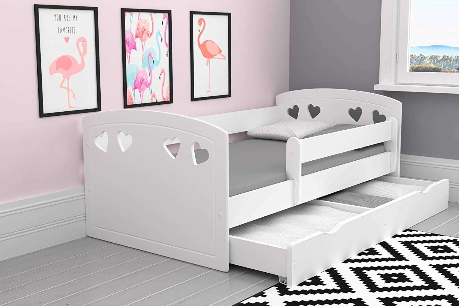 White Children Bed with Mattress Included 80x140 80x160 80x180 Fall Protection, Drawer and Slatted Frame Toddler Bed for Boys and Girls - 180x80 - White