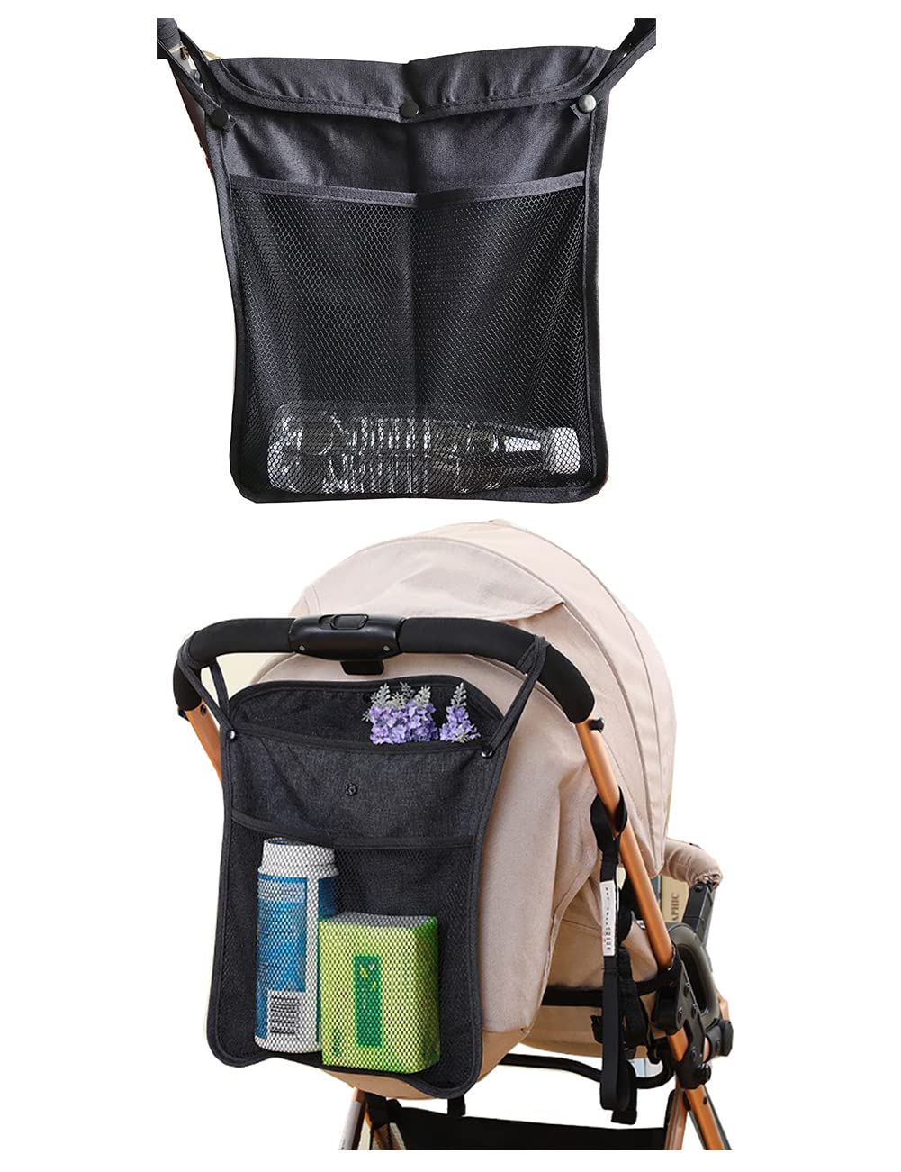 2PCS Set Umbrella Stroller Organizer With Side Sling Stroller Cargo Bag,Toddle Mesh Stroller Organizer for Bottle Nappy Baby Cloth, Detachable (Black Set A)