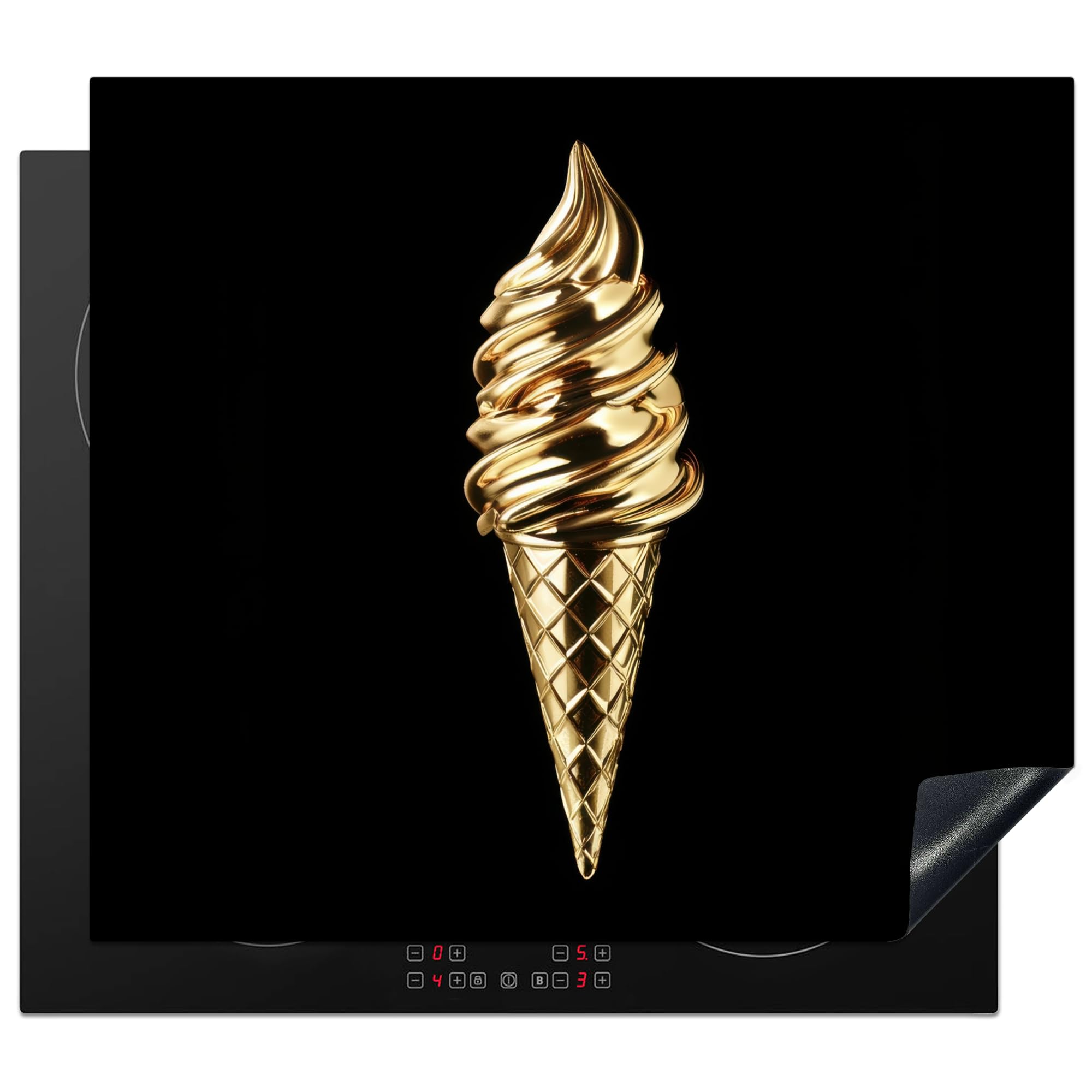 KitchenYeah© Induction Hob Protector Mat 20.2"x22.9" / 58.3x51.3 cm Stove Cap Top Cover Kitchen Cooker Covers for Electric Hobs Vinyl Ice Cream - Gold - Black - Food