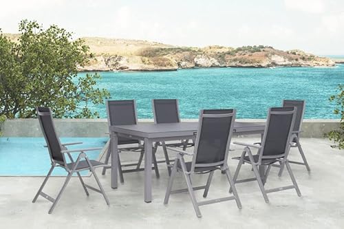 Preisvergleich Produktbild OUTFLEXX Esstischgarnitur, Silber / grau, Alu / Textilene, Ausziehtisch 180 / 240x100cm, 6 Multipositionssessel