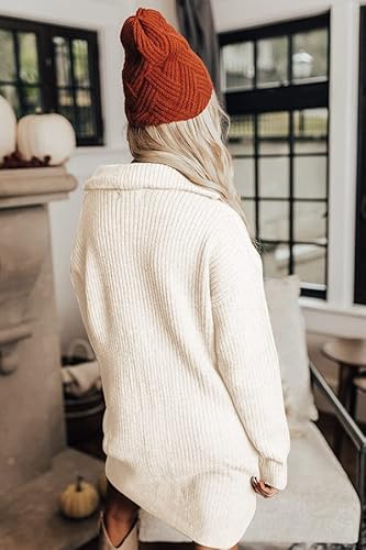 Hotouch Women Long Sleeve Knit Quarter Zip Sweater Dress Casual Loose Pullover Dresses Stretchable Sweater Dress (White S) #TOP3