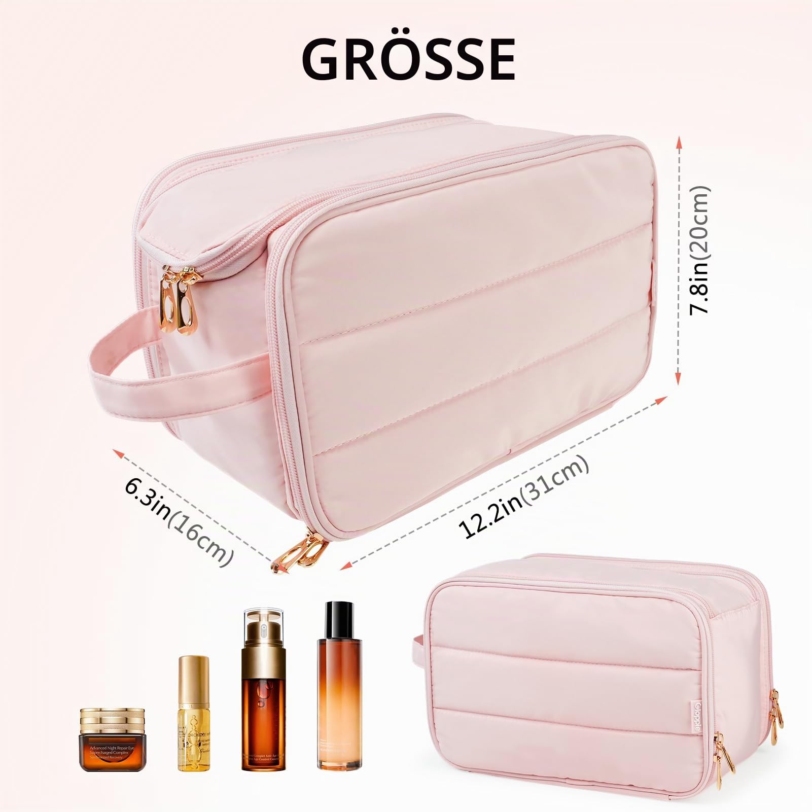 Gloppie Kulturbeutel Damen Kosmetiktasche XXL – Wasserdicht, Groß, Unisex, mit Innenfächern – für Reise, Bad & Alltag, Rosa