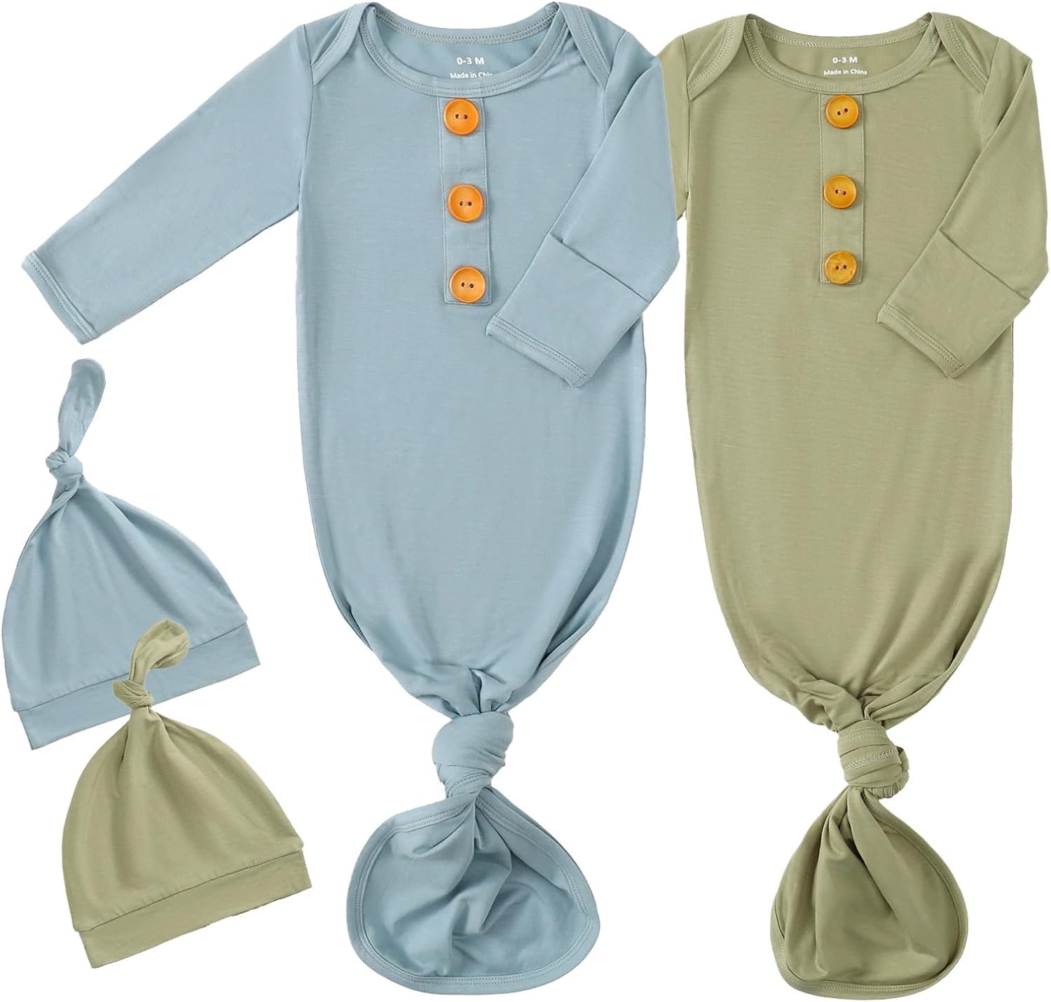 OPAWO Knotted Gown Baby Newborn Sleepers Baby Boy Coming Home Outfit, Bamboo Viscose Baby Gowns with Mitten Cuffs and Hat Set