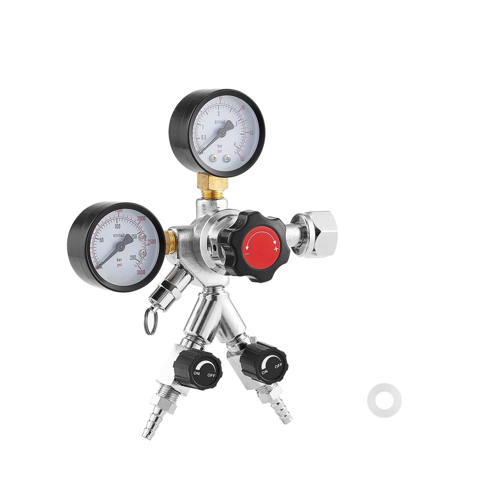 VEVOR CO2 Regulator, Dual-Gauge Dual-Valve Beer Keg Regulator, 0–60 PSI Adjustable Pressure, Heavy-Duty CO2 Tank Gas Regulator with 2 Check Valves, for Draft Beer Homebrewing, Fits CGA320 Interface