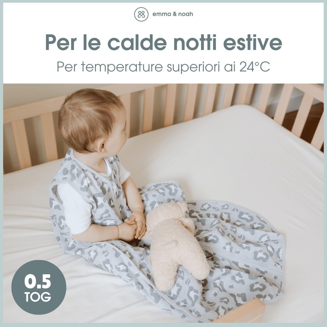 emma & noah Sacco nanna 0,5 TOG, in mussola per l'estate, 100% cotone biologico, certificato Oeko-Tex, traspirante e leggero, sacco a pelo per neonati, Fiore Bacca, 70 cm