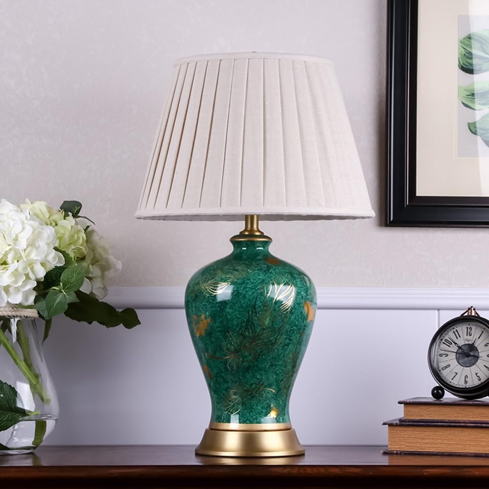 Ceramiczna lampa stołowa w stylu retro, zielona farma, elegancka lampa biurkowa do domowego biura, sypialni(Remote Control Switch,L)