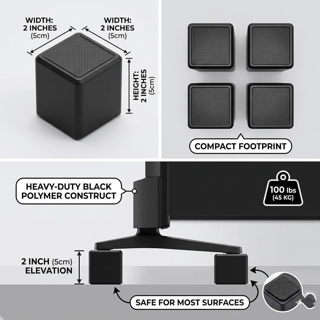 2 Inch Square TV Stand Risers Set of 4 Compatible with TV Riser Buddy, Heavy Duty TV Leg Extenders Supports 100 lbs, Raises TV Height for Soundbar, Game Console & Media Devices