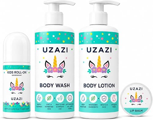 UZAZI Kids Bath Routine Bundle: Kids Roll-On Deodorant, Body Wash, Body Lotion, Lip Balm (Girls)