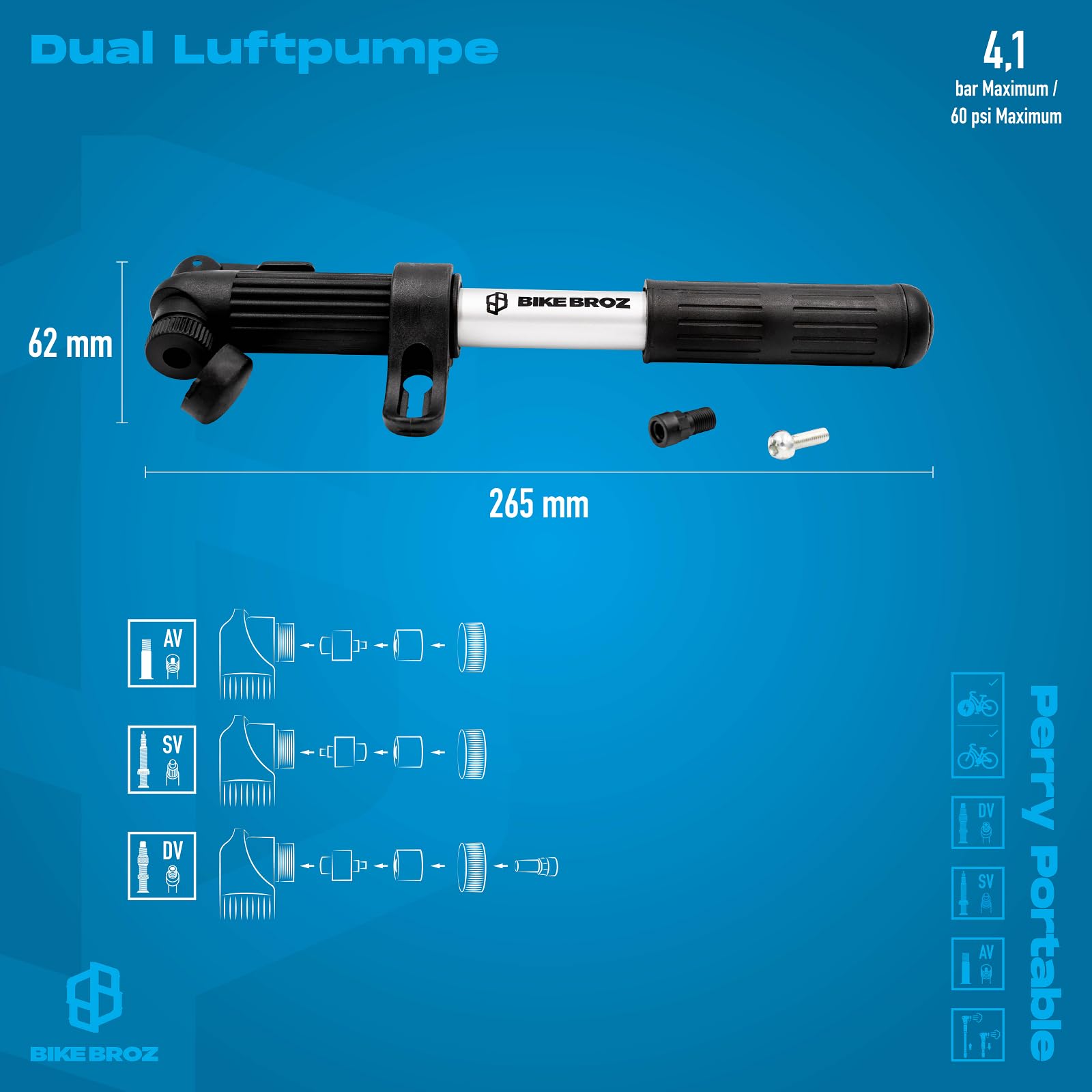 Perry Mini-fietspomp met dubbele slag voor alle ventielen (AV, SV, DV), kleine fietspomp voor racefiets, e-bike, MTB enz. BIKE BROZ - 2