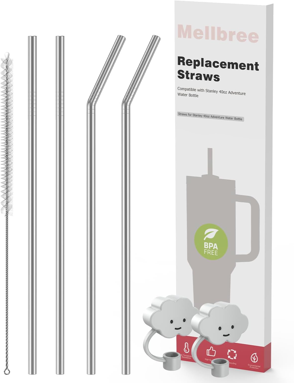 Replacement Metal Straw Compatible with Stanley Cup 40oz 4Pack, Mellbree Reusable Stainless Steel Straws Compatible with Stanley Adventure Quencher Travel Tumbler