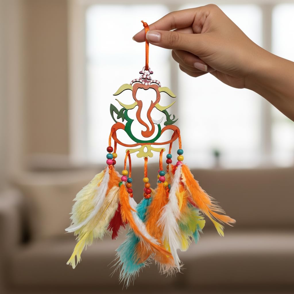 Varenyam Wooden Handpaited Ganpati Dream Catcher for Car, Unique Hand Painted Ganesha Car Mirror Hanging Accessories Interior, Ganesh Dream Catcher for Rear View Mirror Accessory, Gift Item 1