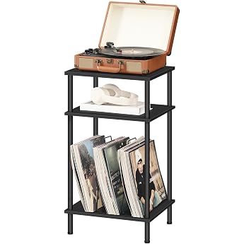 HOOBRO Record Player Stand 3-Tier Side Table Record Stand with Removable Dividers Record Storage for CDs Albums Turntables Black EBB02RS01