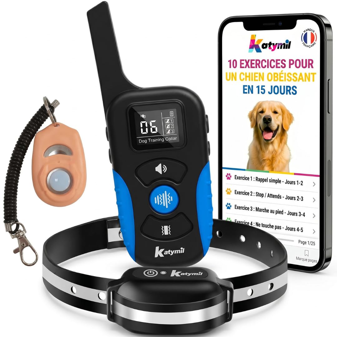 Collier de Dressage pour Chien sans Choc Électrique avec Télécommande, Ebook Éducatif Inclus, Vibration et Lumière – Étanche IP67 – Adapté à Tous Les Chiens – KATYMIL