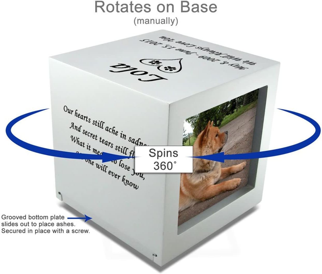 Mainely Urns Personalized Small Silver Rotating Photo Cube Pet Cremation Urn for Ashes - 25 Cubic Inches for a Pet Weighing up to 25 Pounds - Personalized Pet Memorial Gift - Hold up to 3 Photos