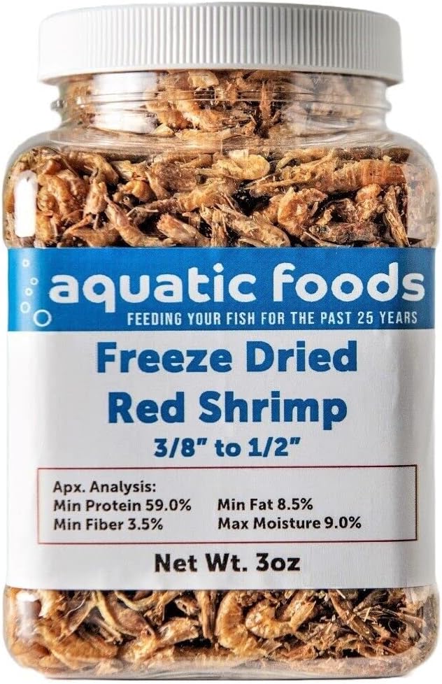 Aquatic Foods Inc. Red Shrimp – Freeze Dried 3/8″ to 1/2″ Red River Shrimp for All Tropical Fish, Marine Fish, Lg Cichlids, Koi & Pond Fish, Turtles, Reptiles, Rodents…3oz Small Jar