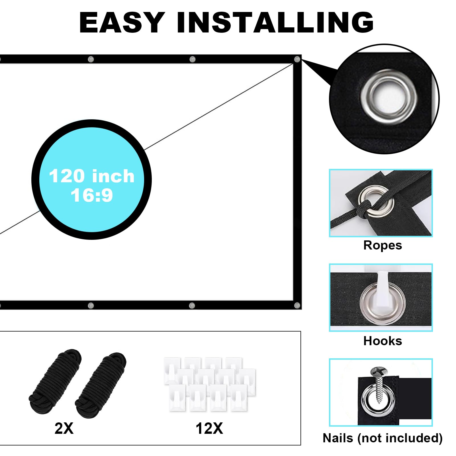 Pantalla Proyector 120 Pulgadas 16:9 4K HD, Pantalla de Proyección Portátil Plegable Antiarrugas Doble Cara 265 x 150 cm, Lona Proyector Fácil de Colgar, para Cine en Casa y Exterior