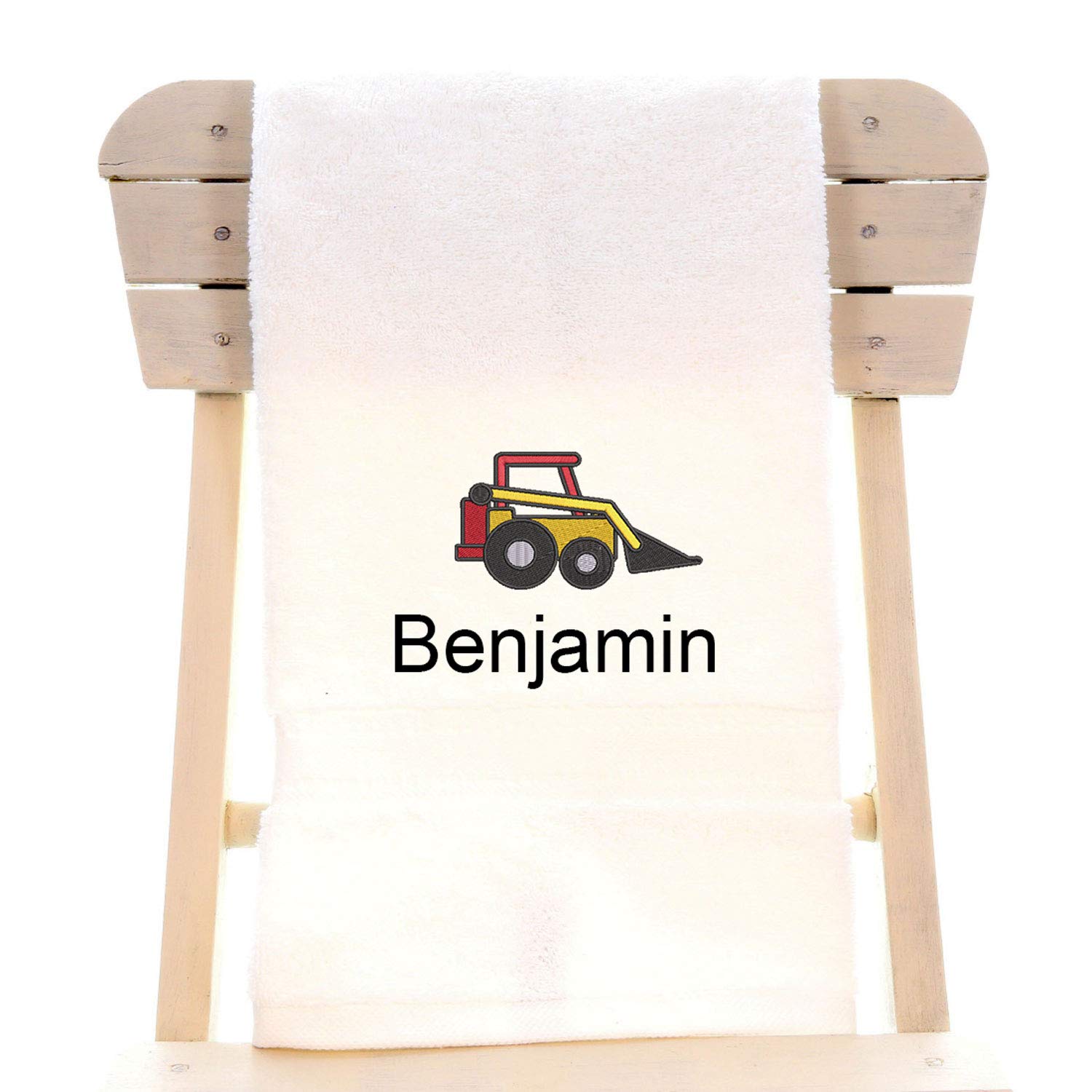 aztex Personalised Children's 100% Cotton Bath Towel with Digger Logo & Name, 550gsm, 70cm x 130cm - White