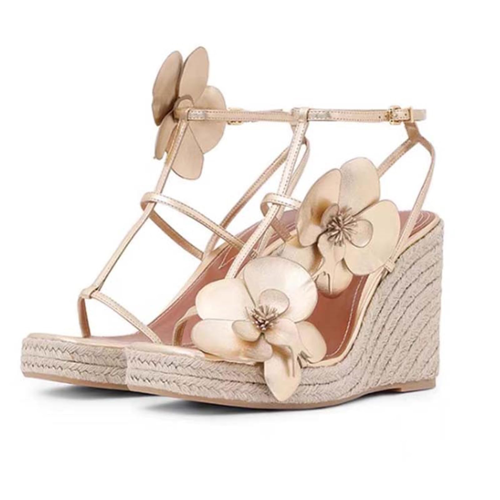Sandalias de cuña punta cuadrada mujer diseño esparto plataforma suela gruesa detalle floral tira tobillo hebilla ajustable viaje vacaciones compras diarias