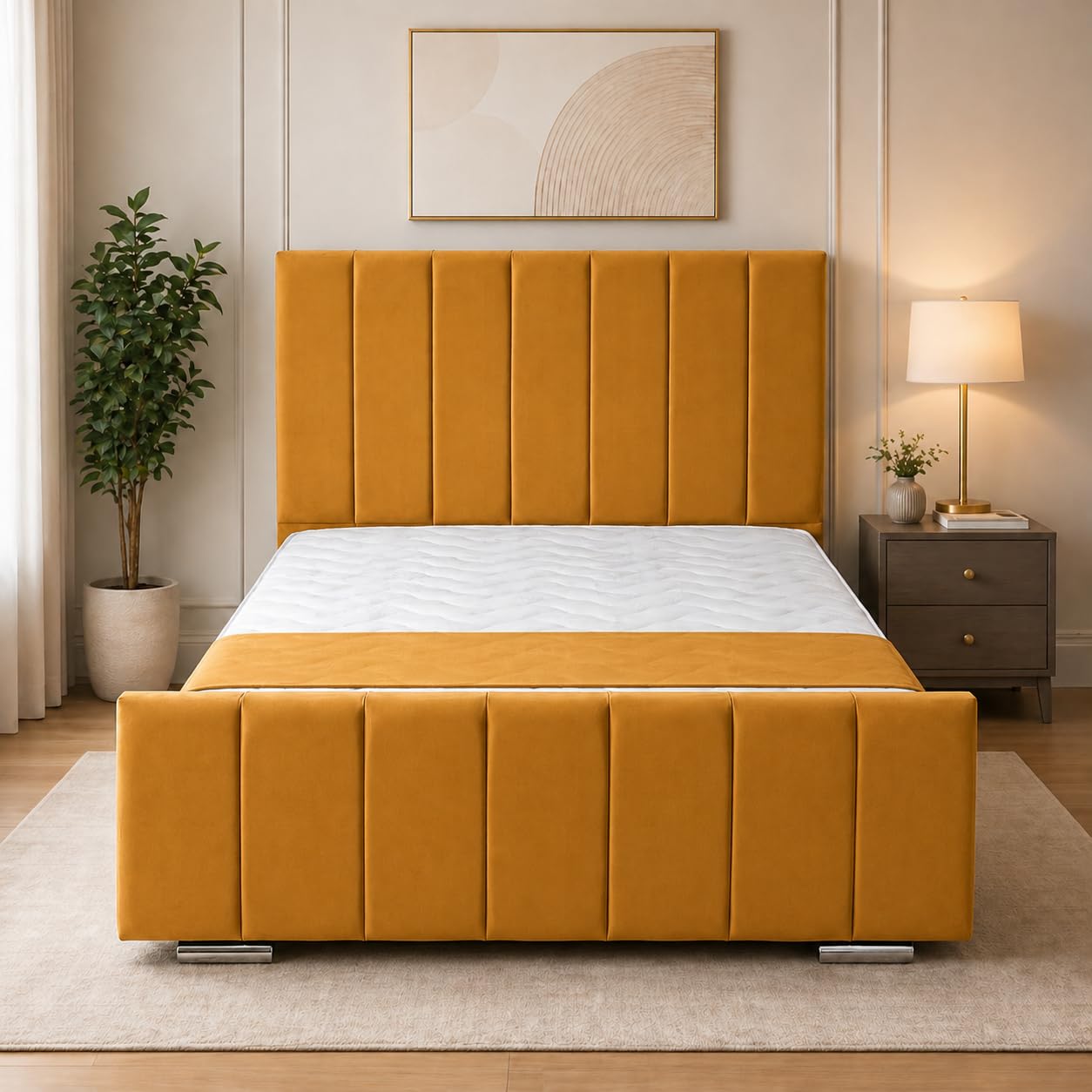 UK Bed Furniture - Kensington Upholstered Bed Frame, Luxury Plush Design with Modern Headboard & Footboard, Bedroom Bed Frames-Single, Double, King & Super King Sizes (Mustard, Double)