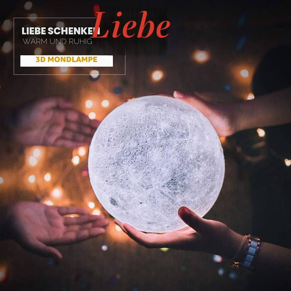 AGM LED Mondlampe 16 Farben Nachtlicht Stimmungslicht mit Fernbedienung und Touch-Steuerung Dimmbar Mondlamp Ø15 cm 3D Druck mit Holzhalterung für Schlafzimmer Café Bar Esszimmer