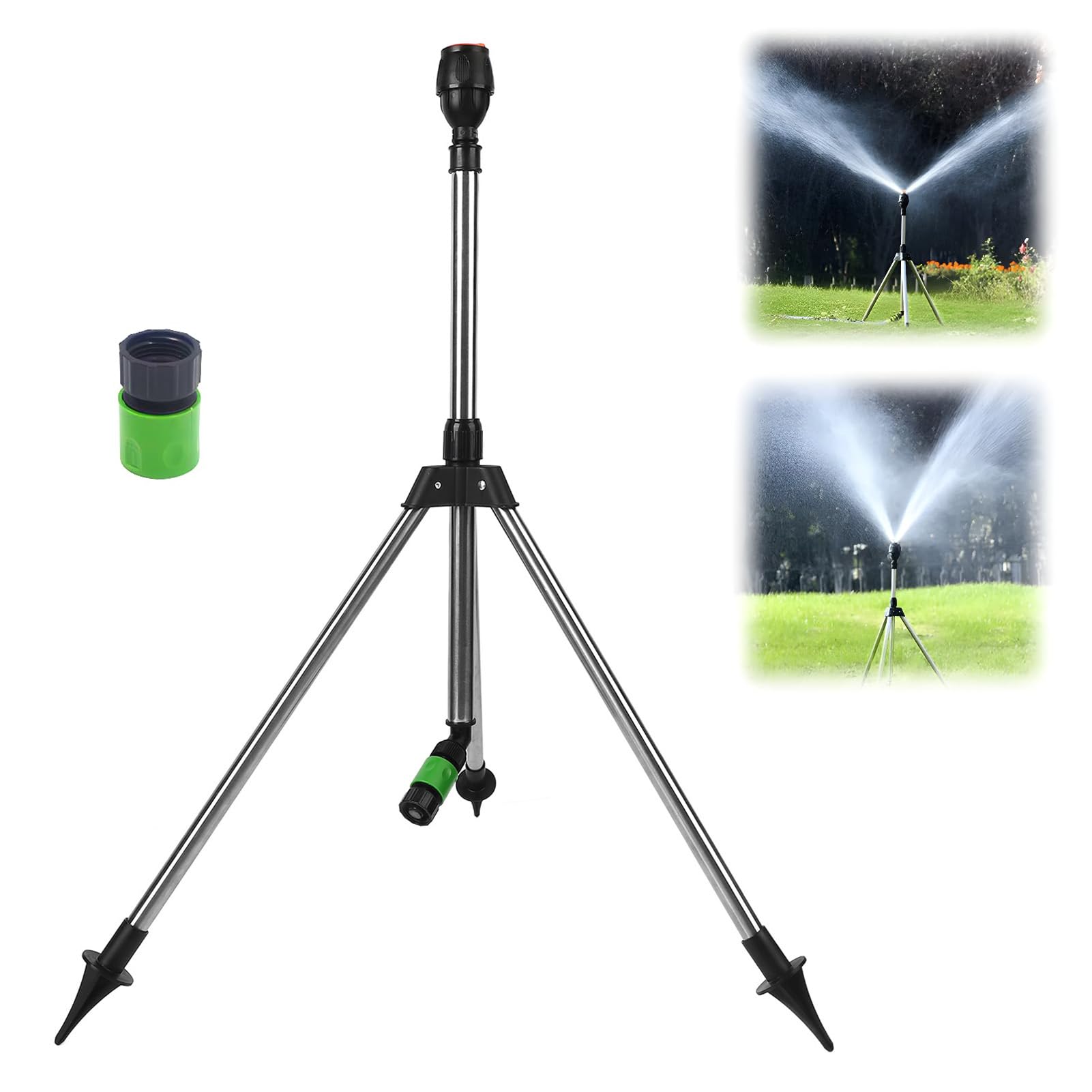 Trípode de aspersor variable, cabezal de riego automático giratorio de 360 grados para riego eficiente de jardín y césped, con diseño elevador y accesorios
