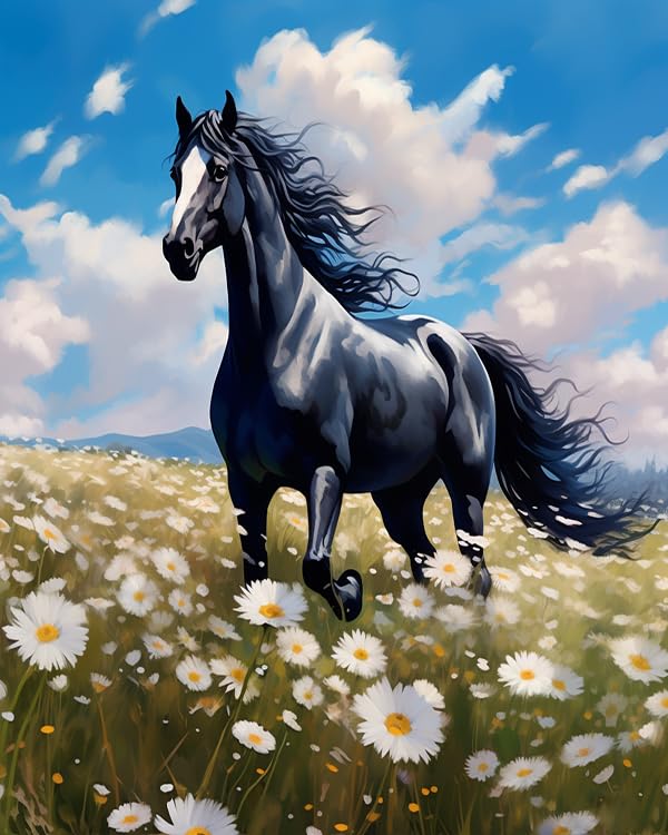 ZMHZMY Peinture Par Numéros Pour Adultes Kits Cheval noir parmi les fleurs de marguerite Classique RéTro Bureau HôTel Simplicité Toile Art DéCo,40x50cm