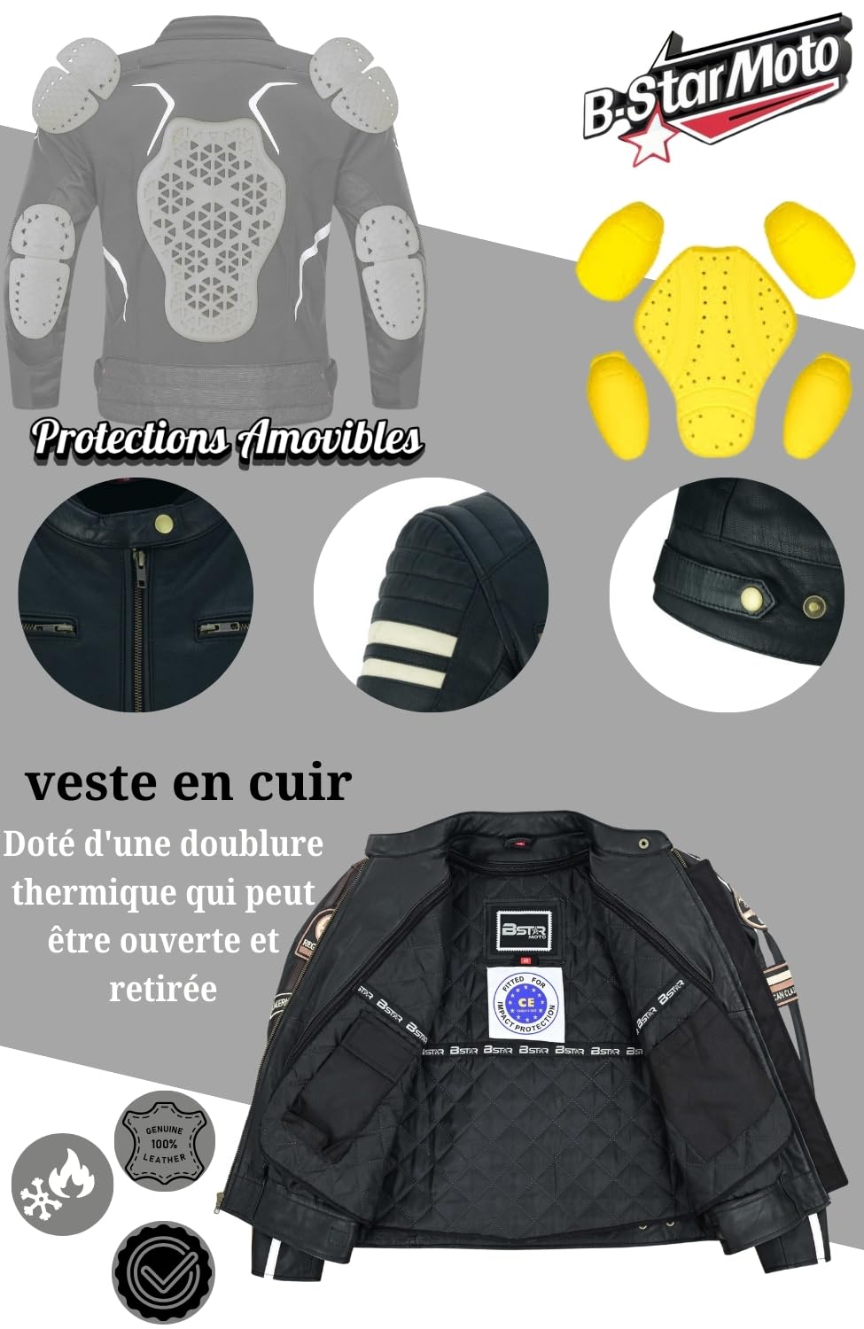 Veste de Moto En Cuir Pour Femme- Blouson Avec Protection Douce Cuir Et Vent Armure Corps été Hiver Tourisme Motard Blinde Noir