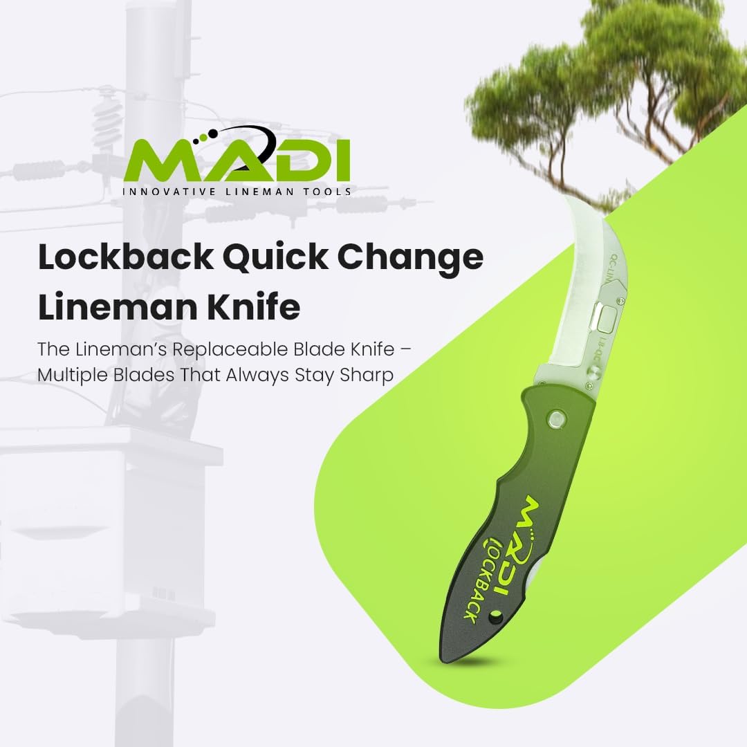 MADI LB-QC Lockback Quick-Change Lineman Knife – Includes 3 Blades (Pointed, Straight, Safety) – Fast Blade Replacement, Secure Locking Mechanism, Durable Utility Tool