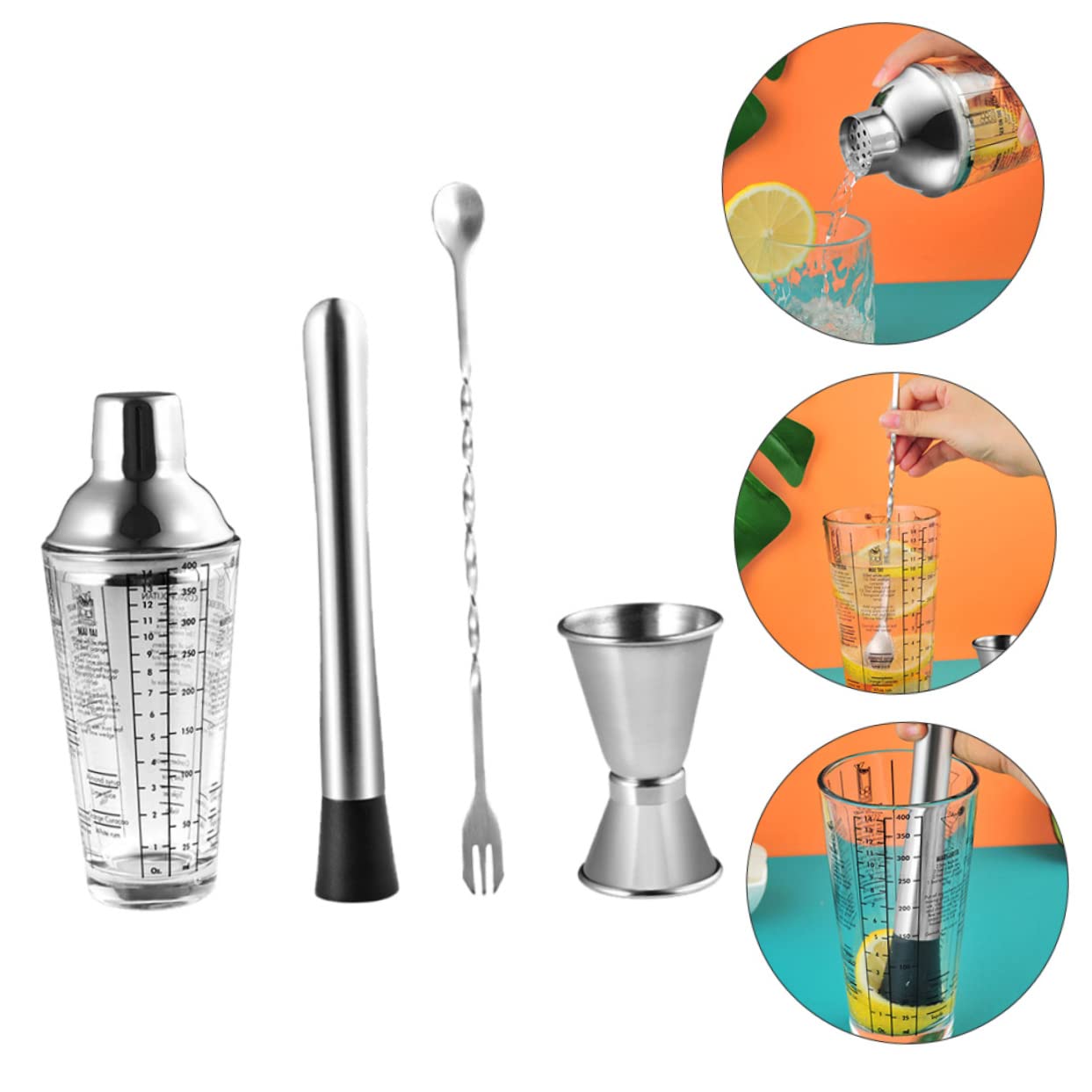 UKCOCO Set 4 Pezzi Shaker per Cocktail in Acciaio Inossidabile Kit Attrezzatura Barman Bilanciato e Lucidato Regalo per Amanti di Cocktail e Aperitivi Colore Casuale