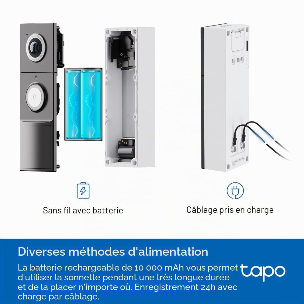 Tapo D235 2K 5MP Sonnette caméra sans Fil 180 ° DFOV Sonnette vidéo Ultra-Large sans Fil ou Filaire, Batterie 210 Jours, Carillon Inclus, Vue de la tête aux Pieds IP66, détection IA sans TP-Link,