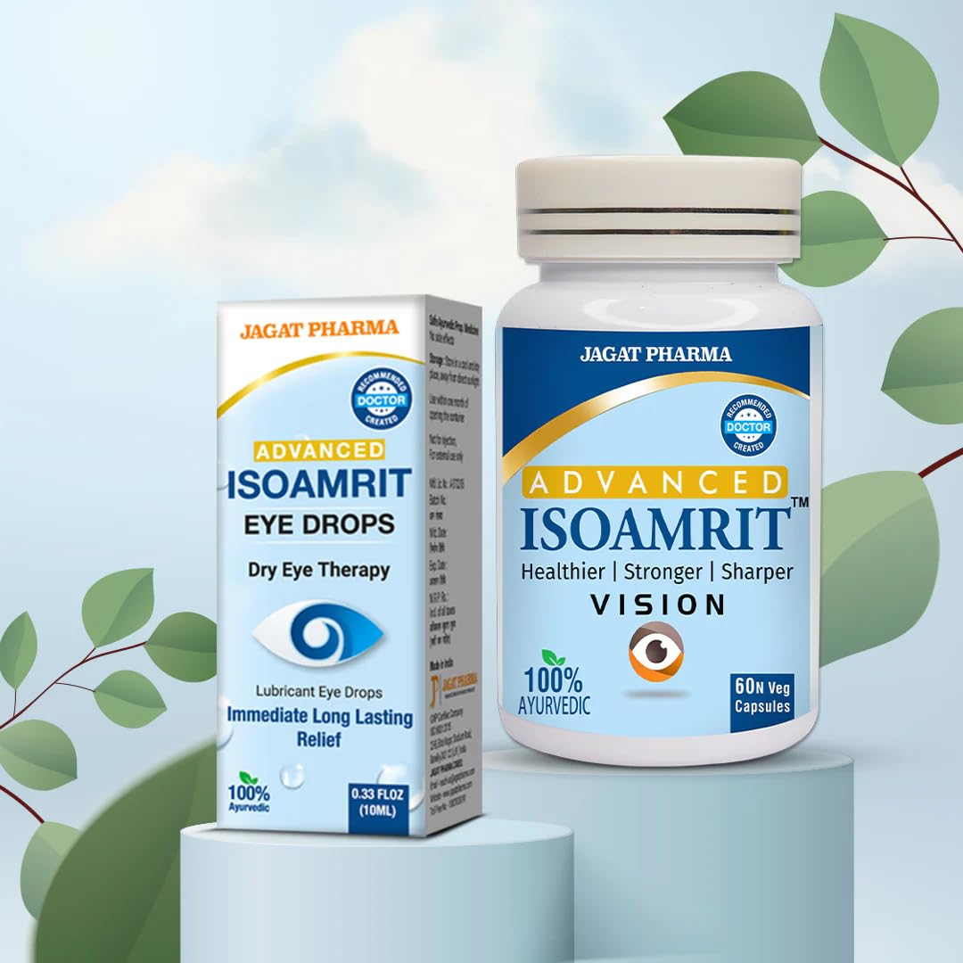 Jagat Pharma IsoAmrit Ayurvedic Eye Drops (10 ml) & IsoAmrit Capsules (60 Caps) Combo | For Dry Eyes, Redness & Tired Eyes | Natural & Herbal | WHO-GMP Certified | Lab Tested