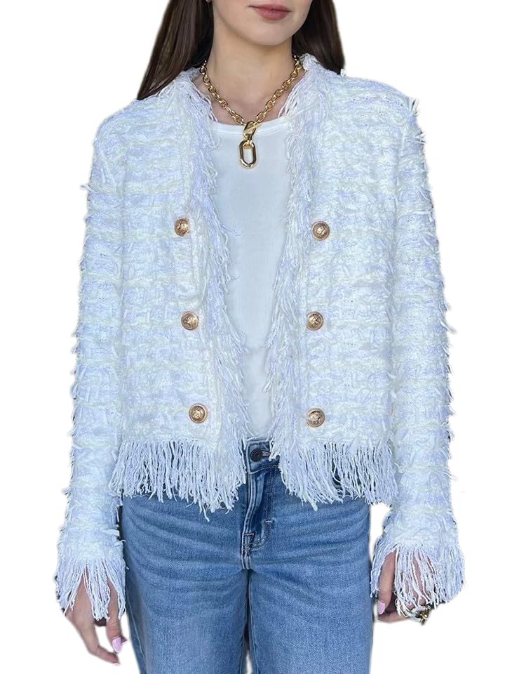 Womens Long Sleeve Open Front Cropped Fringe Trim Jacket Work Office Casual Blazer 2025 Fashion Fuzzy Coat Jacket