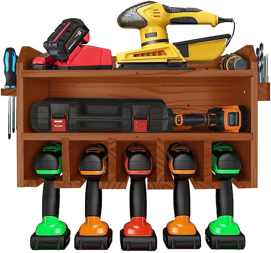 Pro Lift Cordless Drill Organizer – wall mount power tool storage rack, 5 hanging slots, wooden M-003W2